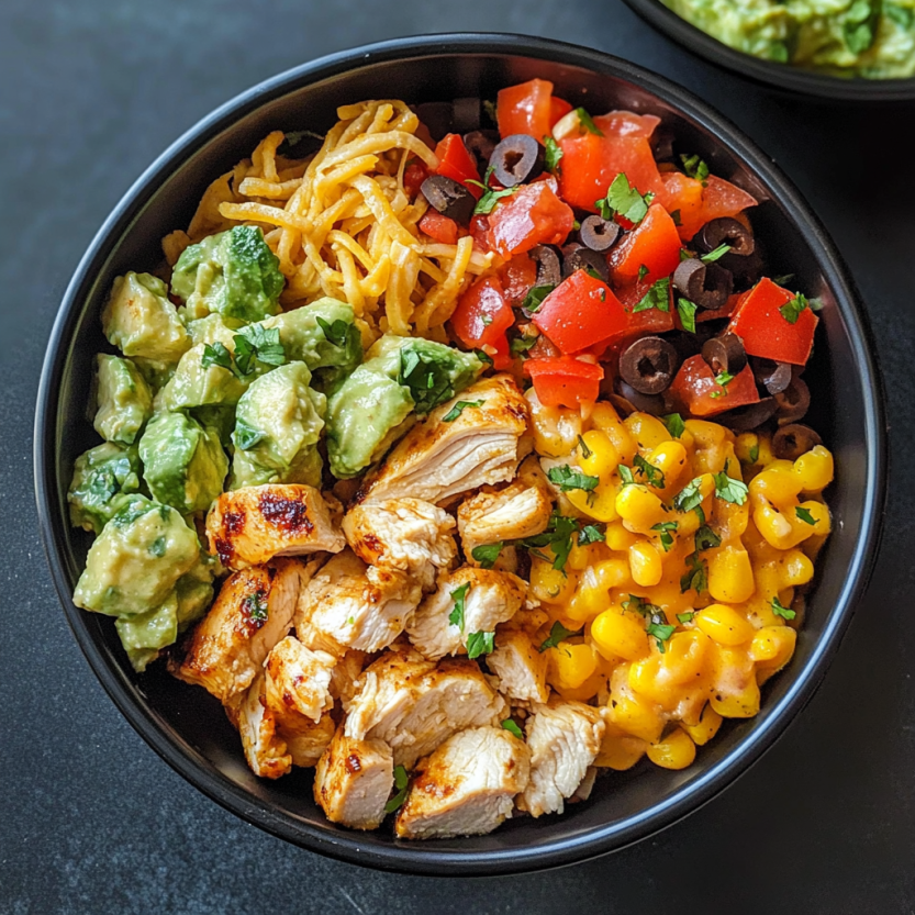 Une assiette de burrito chicken coloré contenant des légumes et des légumes verts.