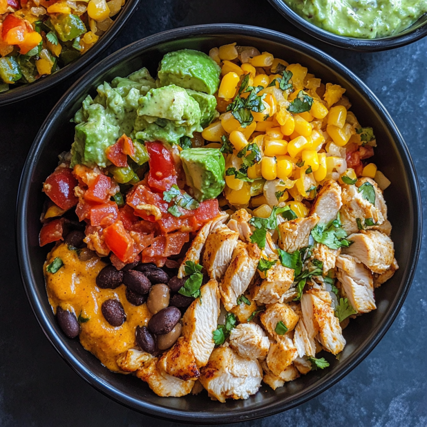 Des plats de burrito avec des légumes et du poulet.