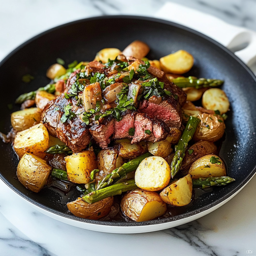 Une skillet avec des pommes de terre, des asperges et des morceaux de viande rouge.