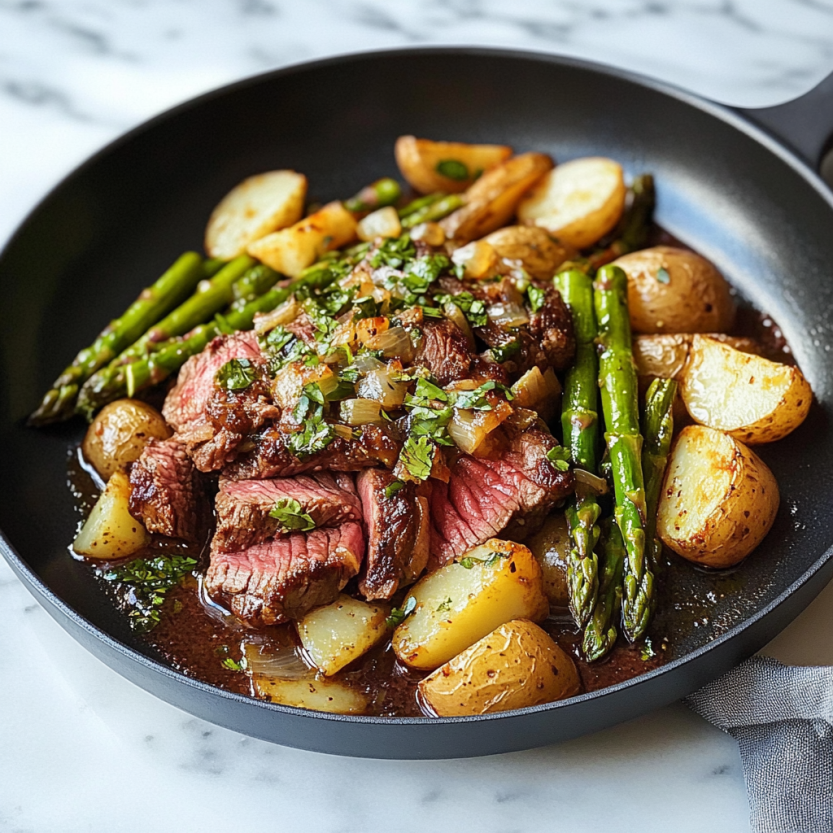 Une skillet de viande avec des asperges et des papas.