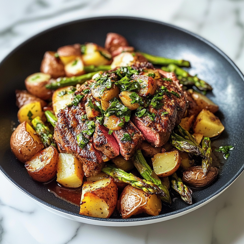Une assiette de viande grillée avec des pommes de terre et des asperges.