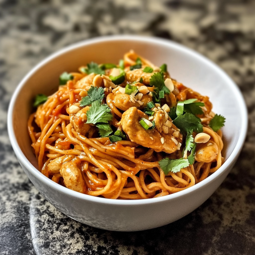 Une assiette de spaghetti avec des légumes et des noix de cajou.