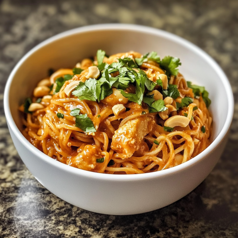 Une assiette de spaghetti avec des noix de cajou et des herbes.