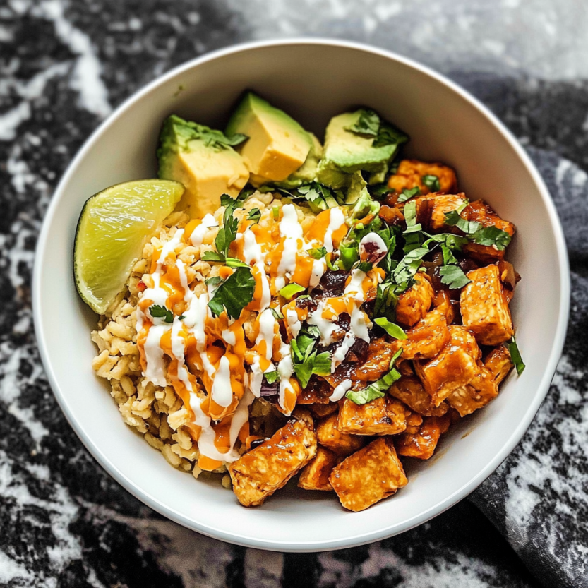 Un bol de riz avec des légumes et des sauces.