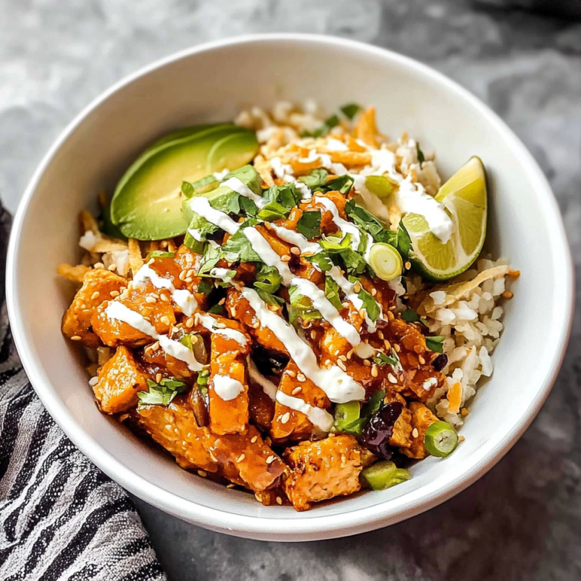 Un bol de riz avec des légumes et des sauces.