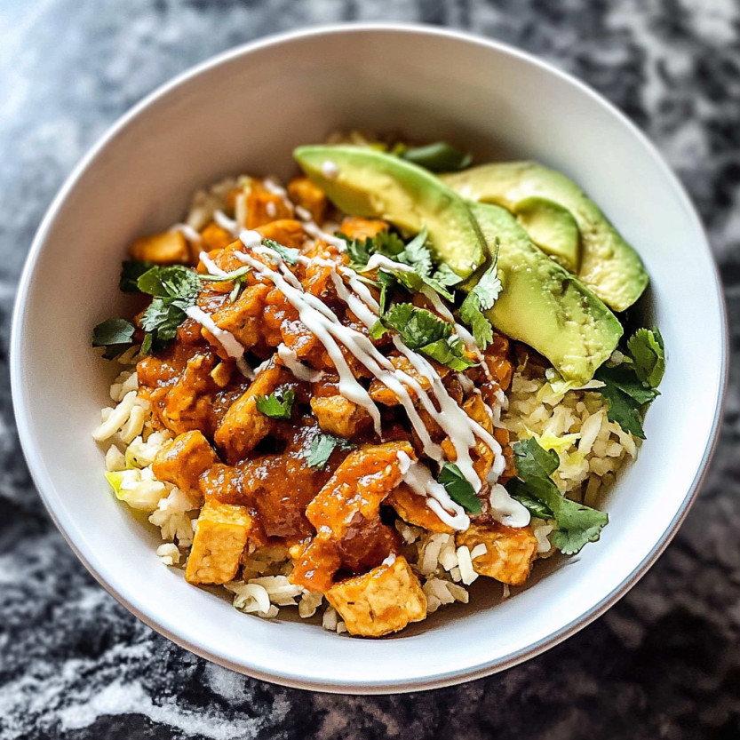 Un plat de riz avec des légumes et du tofu.