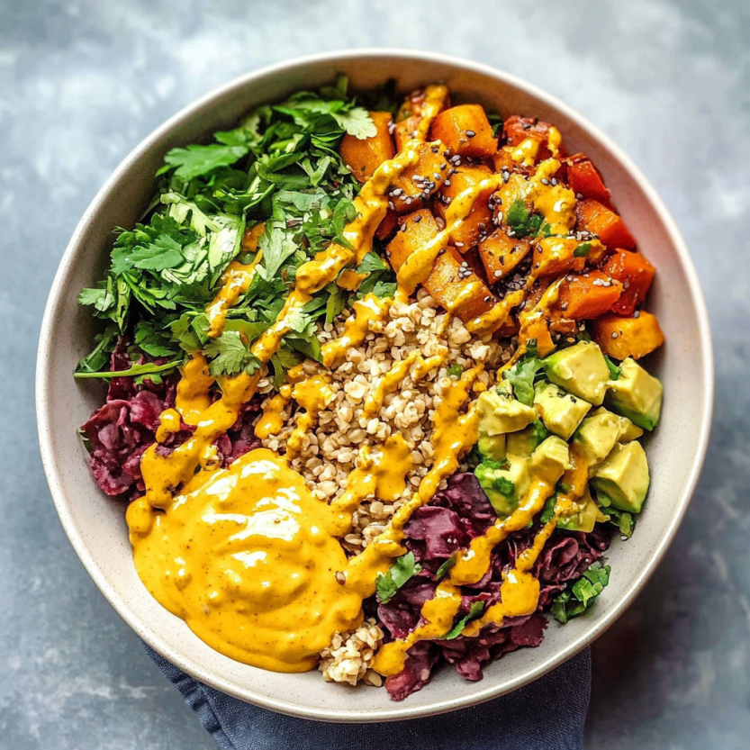 Une assiette de salade colorée avec des légumes et du tahini.