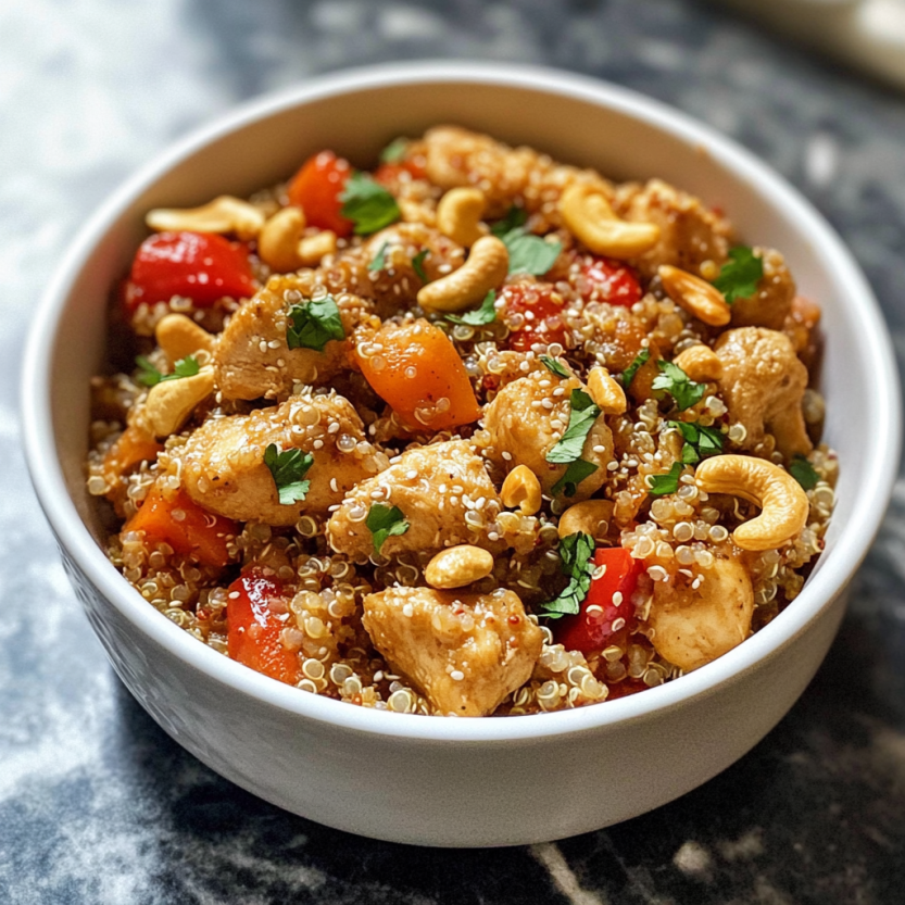 Une assiette de quinoa avec des noix de cashew et des légumes.