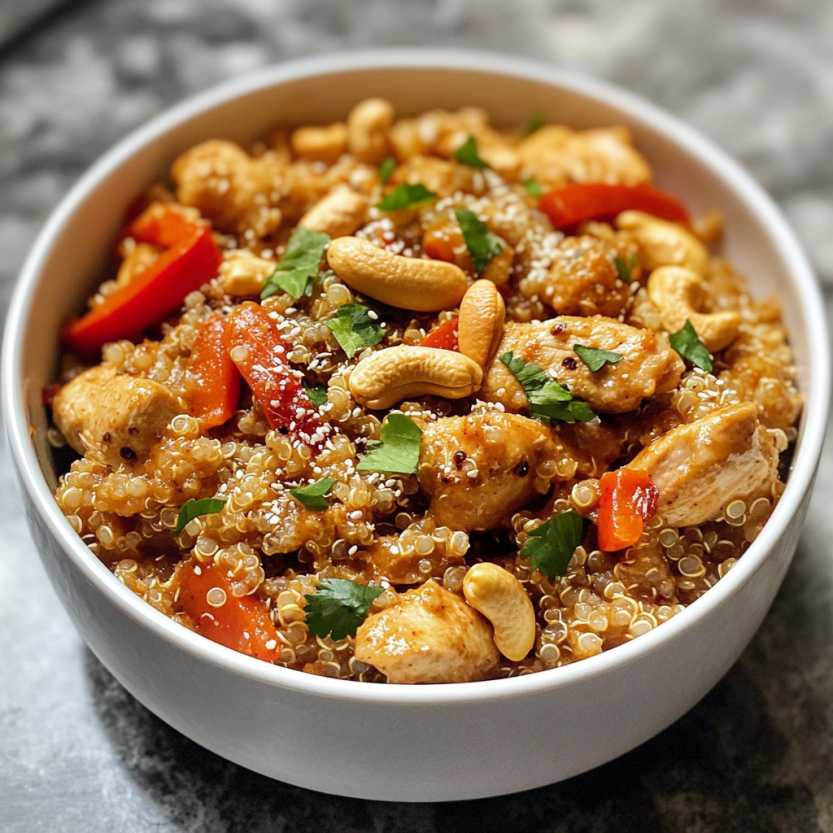 Une assiette de cashew chicken quinoa bake.