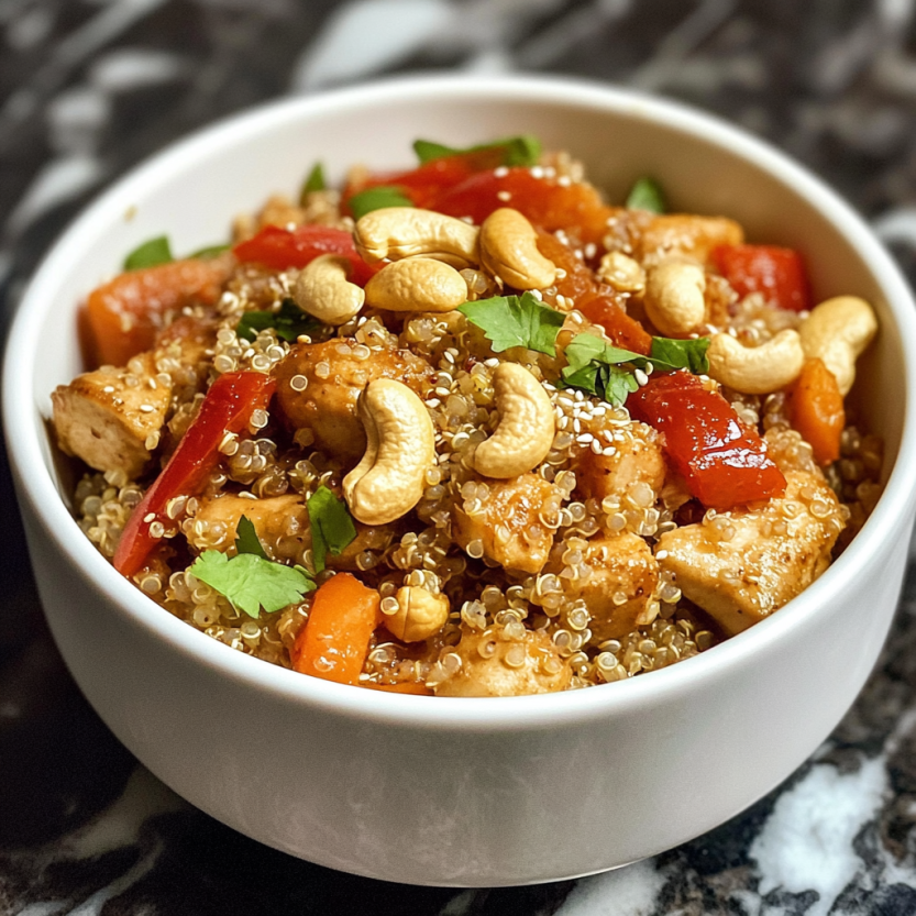 Une assiette de quinoa avec des noix de cashew et des légumes.