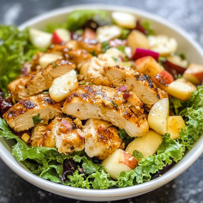 Une salade de poulet grillé, cheddar blanc et pomme.