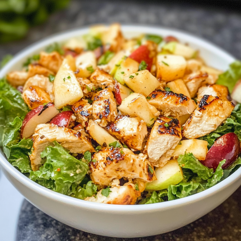 Une salade de poulet grillé, de pommes et de cheddar blanc.