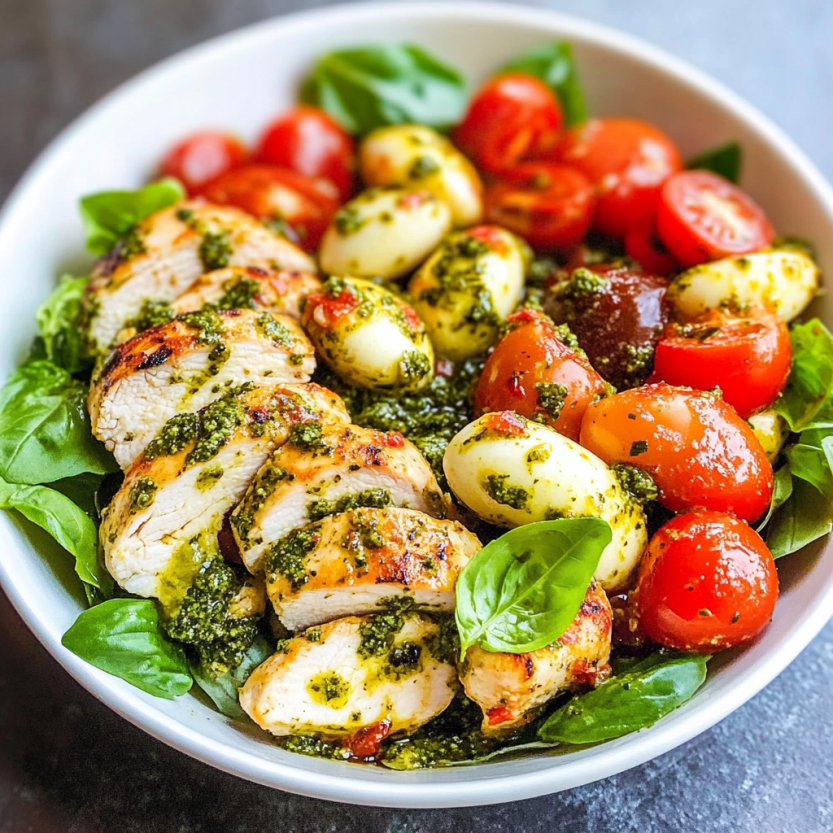 Une salade de poulet avec des légumes verts et des tomates.