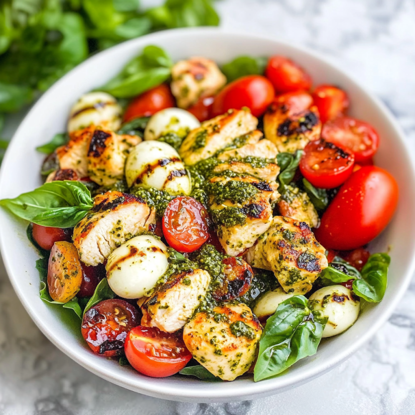 Une salade de poulet avec des légumes verts et des tomates.