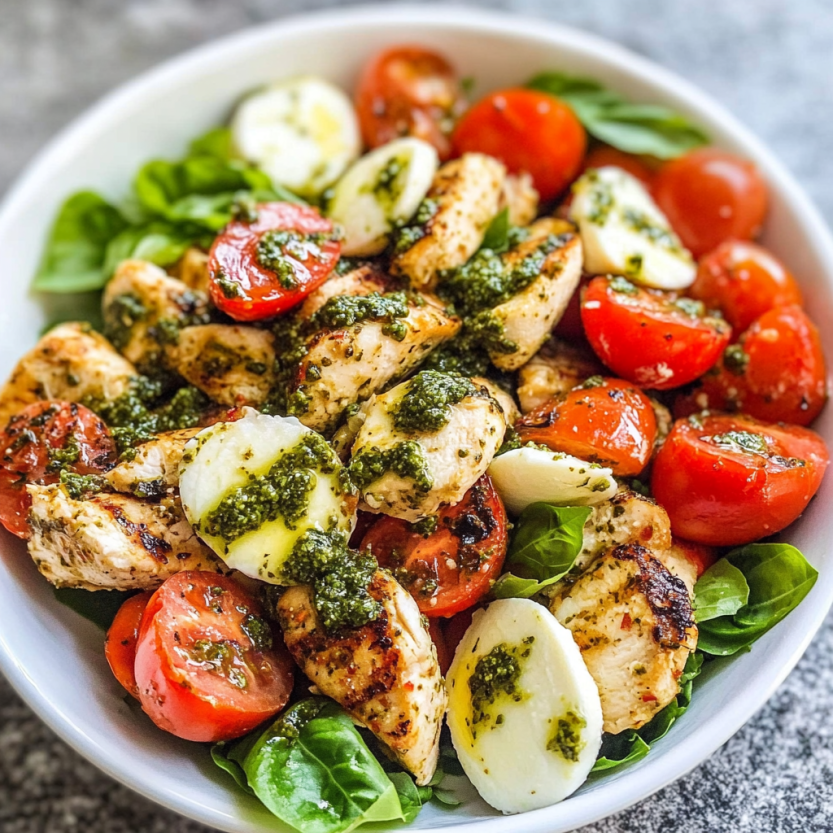 Une salade de poulet avec des tomates, des oignons, des bas et du pesto.
