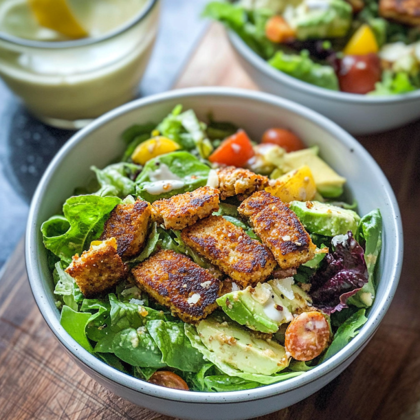 Une salade vegan Caesar avec des légumes et des tofu.