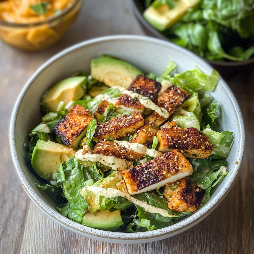 Une salade vegan Caesar avec des avocats, des tomates, des pommes de terre et des pois chiches.