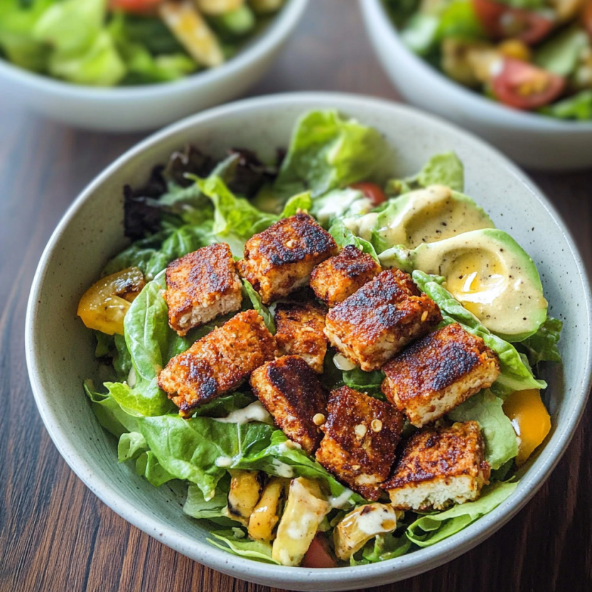 Une salade vegan Caesar avec des légumes et des tofu.