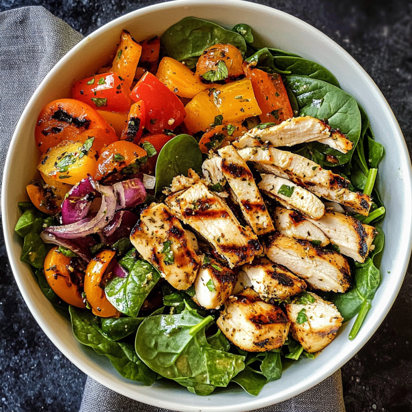 Une salade de spinach avec des légumes grillés et du poulet.