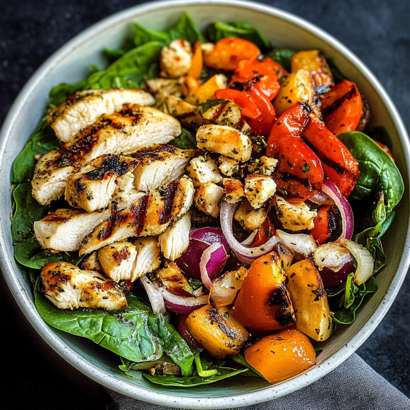 Une salade de spinach avec des légumes grillés et du poulet.