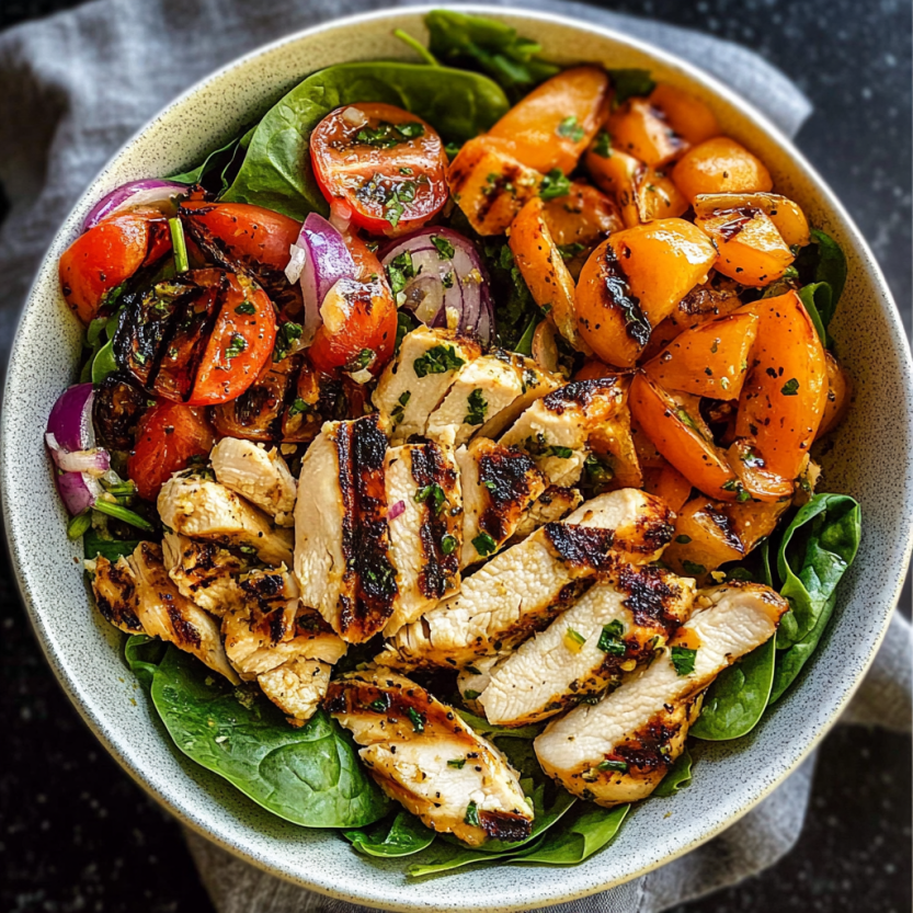 Une salade de spinach avec des légumes grillés et du poulet.