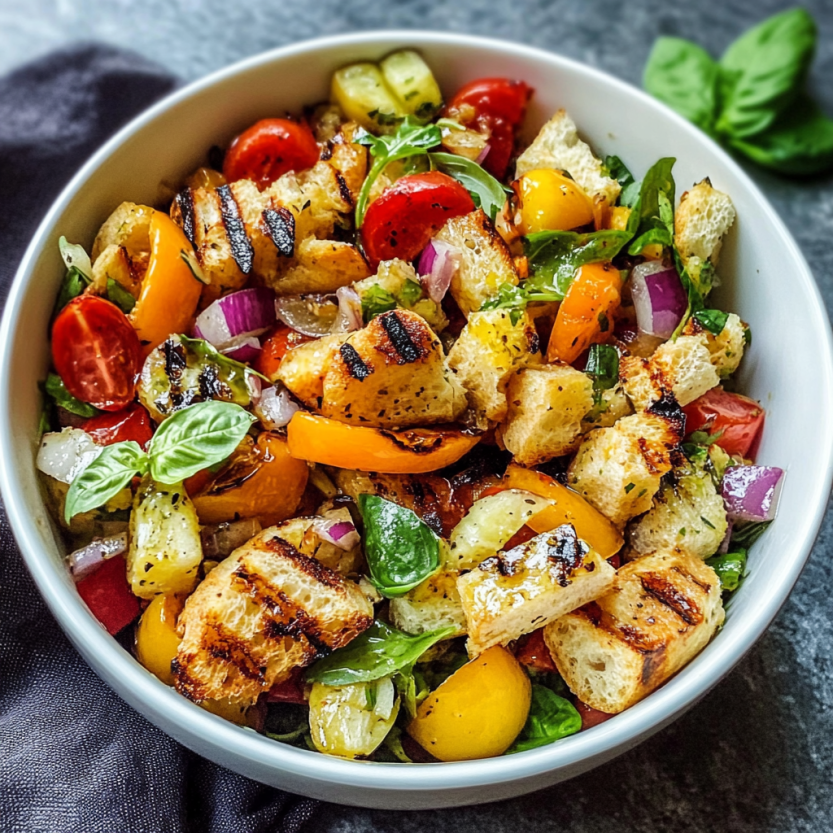 Une salade de panzanella grillée avec des légumes et du fromage.
