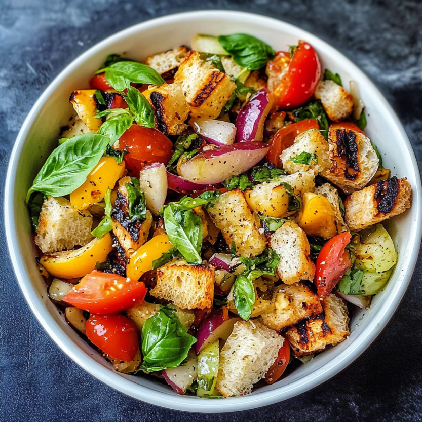 Une salade de panzanella grillée dans un bol.