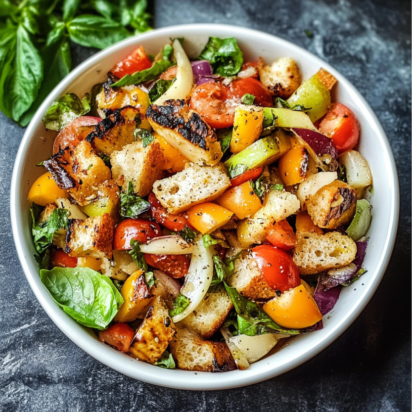 Une salade de panzanella grillée avec des légumes et du fromage.