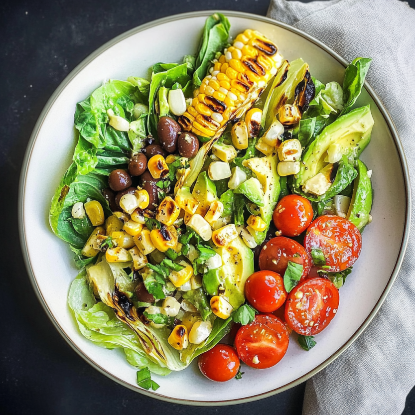 Une salade de romaine grillée avec des cornichons, des fèves et des avocats.