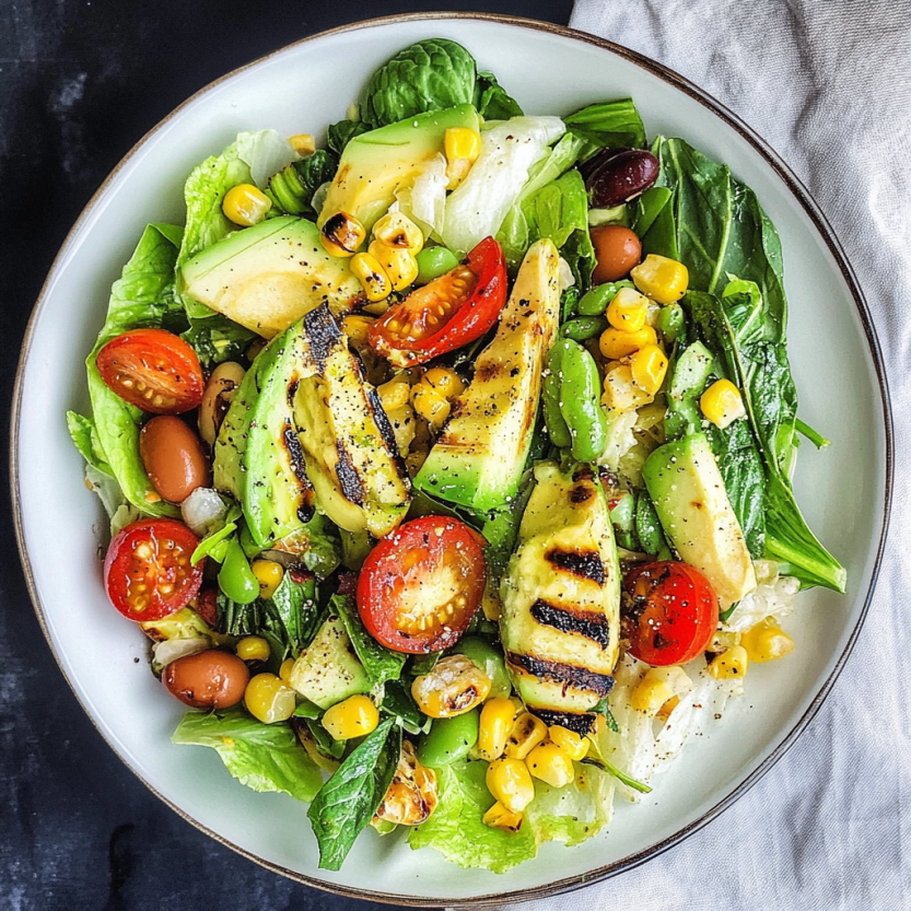 Une salade de romaine grillée avec des cornichons, des fèves et des avocats.