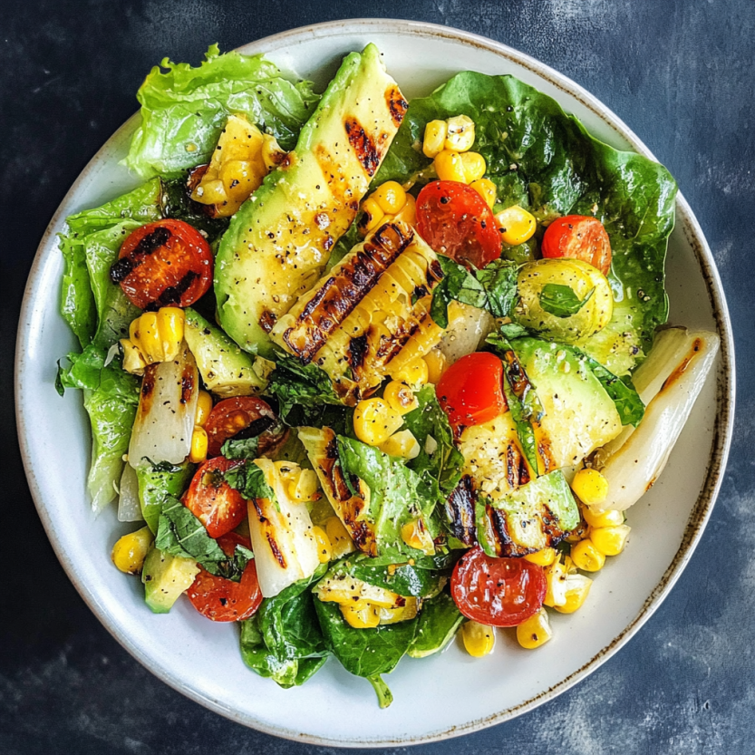 Une salade de romaine grillée avec des cornichons, des fèves et des avocats.
