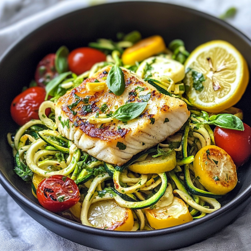 Une assiette de nourriture contenant des légumes et des noodles zucchinis.