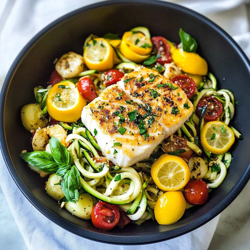 Une assiette de salade contenant des légumes et des poissons.