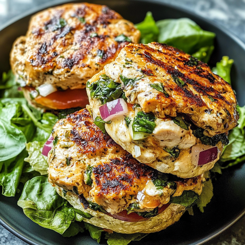 Des burgers de poulet grec grillés avec des légumes verts.