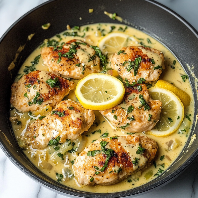 Une assiette de poulet en sauce crème avec des citrons.