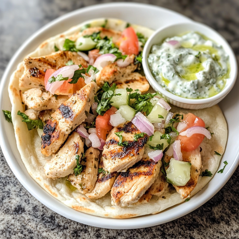 Une image de gyros grec avec des légumes et une sauce.