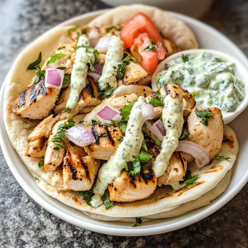 Une assiette de gyros grecs avec des légumes verts et une sauce.