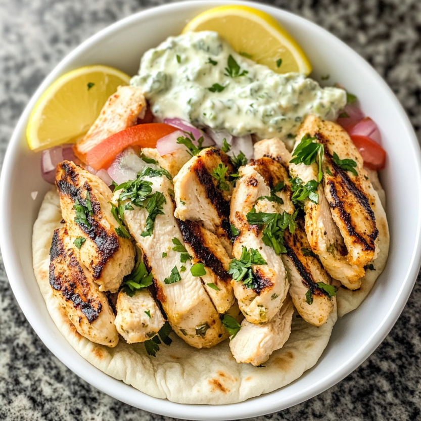 Une assiette de poulet grillé avec une sauce de yaourt et de coriandre.