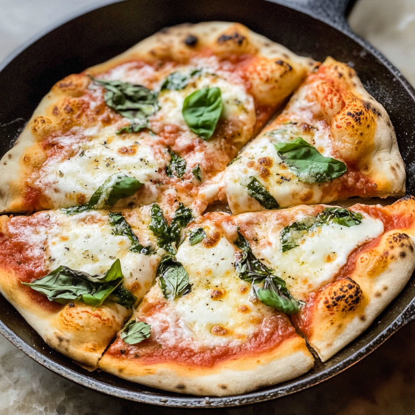 Une pizza facile à faire dans un skillet avec des ingrédients tels que du fromage, des herbes et du sauce tomate.