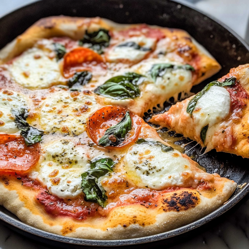 Une pizza facile à faire dans un skillet, avec des ingrédients tels que des tomates, des basilic, du fromage et du jambon.