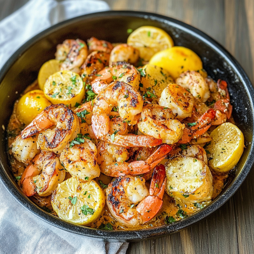 Une assiette de shrimp grillé avec des légumes et des citrons.