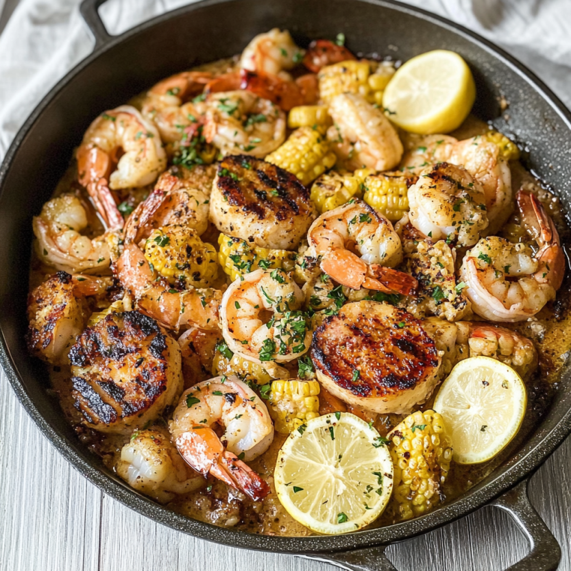Une poêle contenant des moules, des légumes et des citrons grillés.