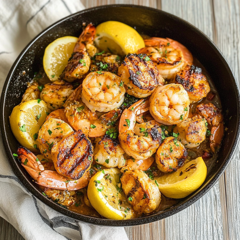 Une assiette de shrimp grillés avec des citrons.