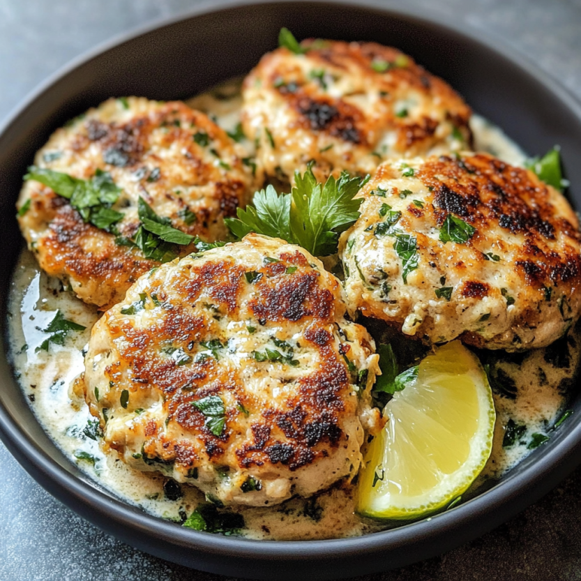 Une assiette de patties de poulet méditerranéens avec des herbes vertes et des citrons.
