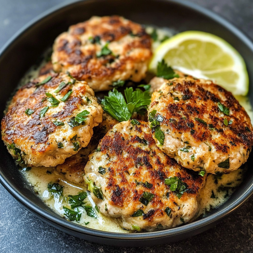Plate of chicken patties with herbs and lemon wedges.