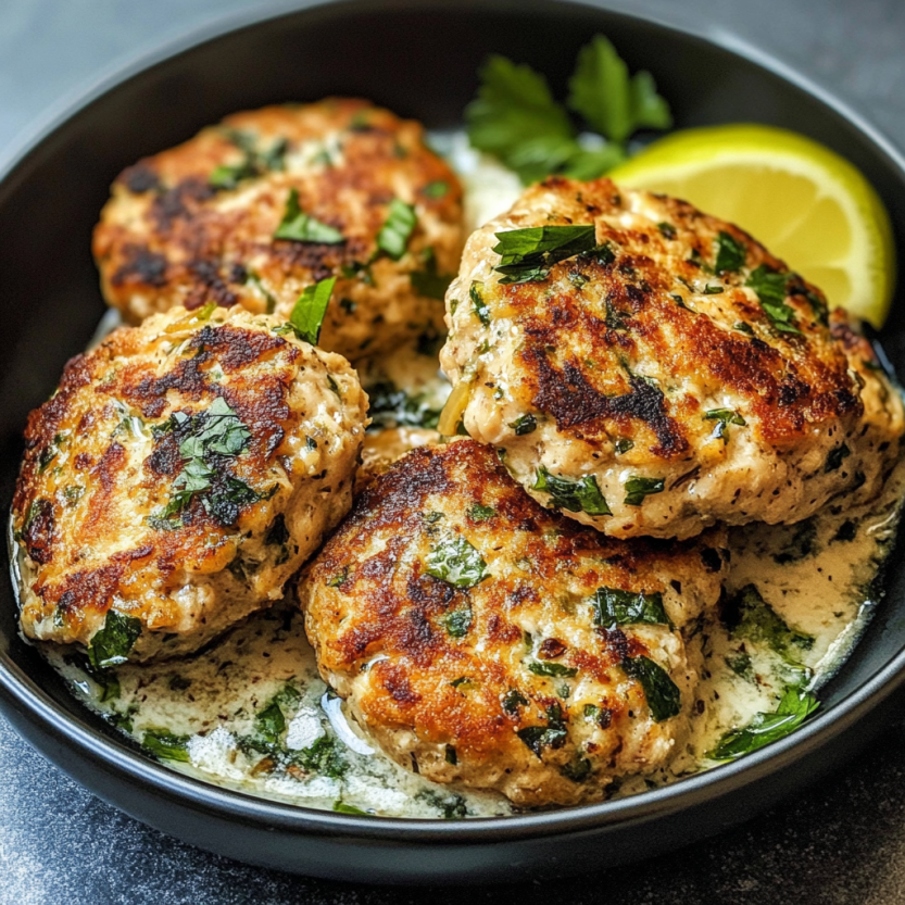 Une assiette de patties de poulet méditerranéens avec des herbes vertes sur le dessus.