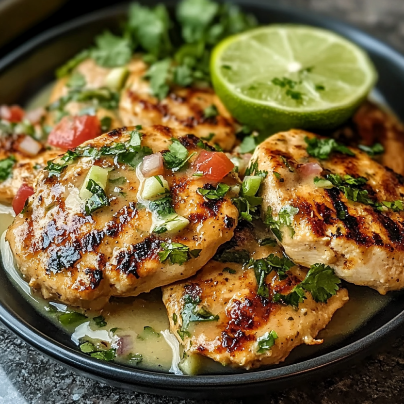Une assiette de poulet grillé avec des légumes verts et des limons.