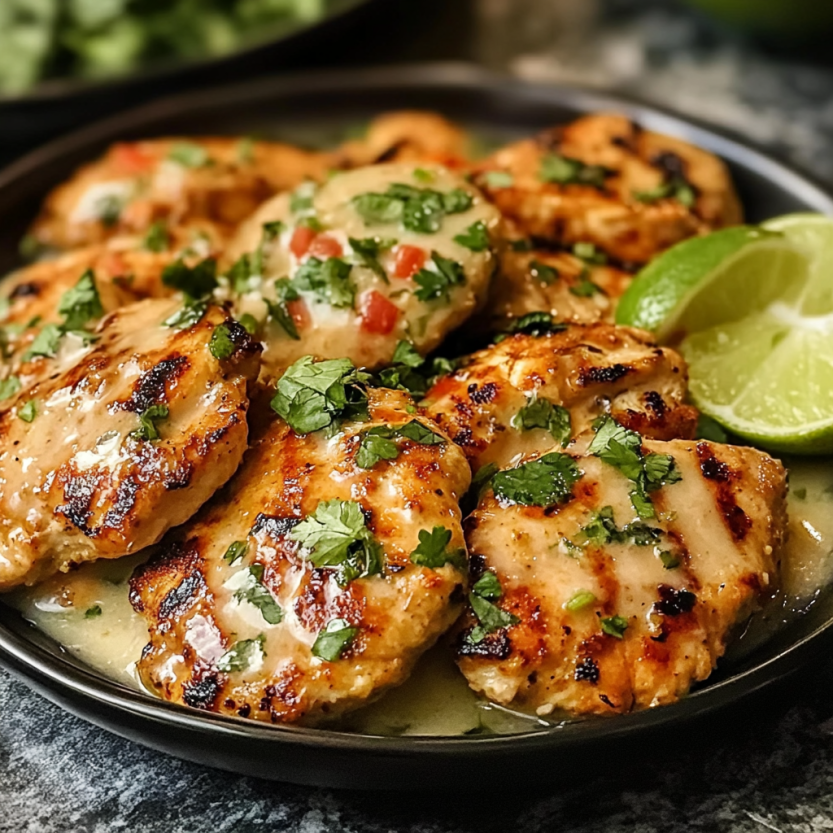 Une assiette de chicken grillé avec des légumes verts et des limes.