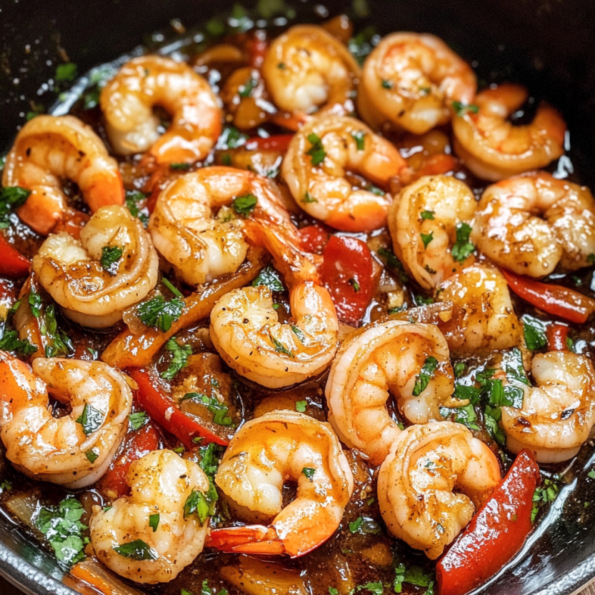 Une image de stir fry de langoustines avec des épices et du piment.