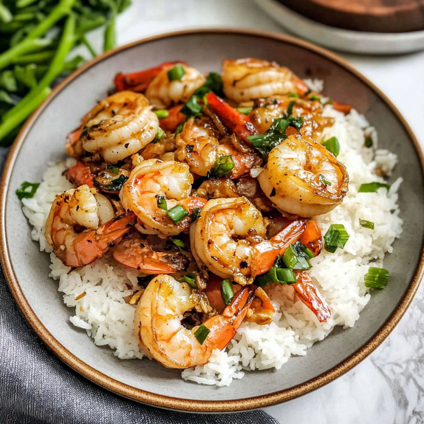 Une assiette de riz avec des langoustines et des épices.